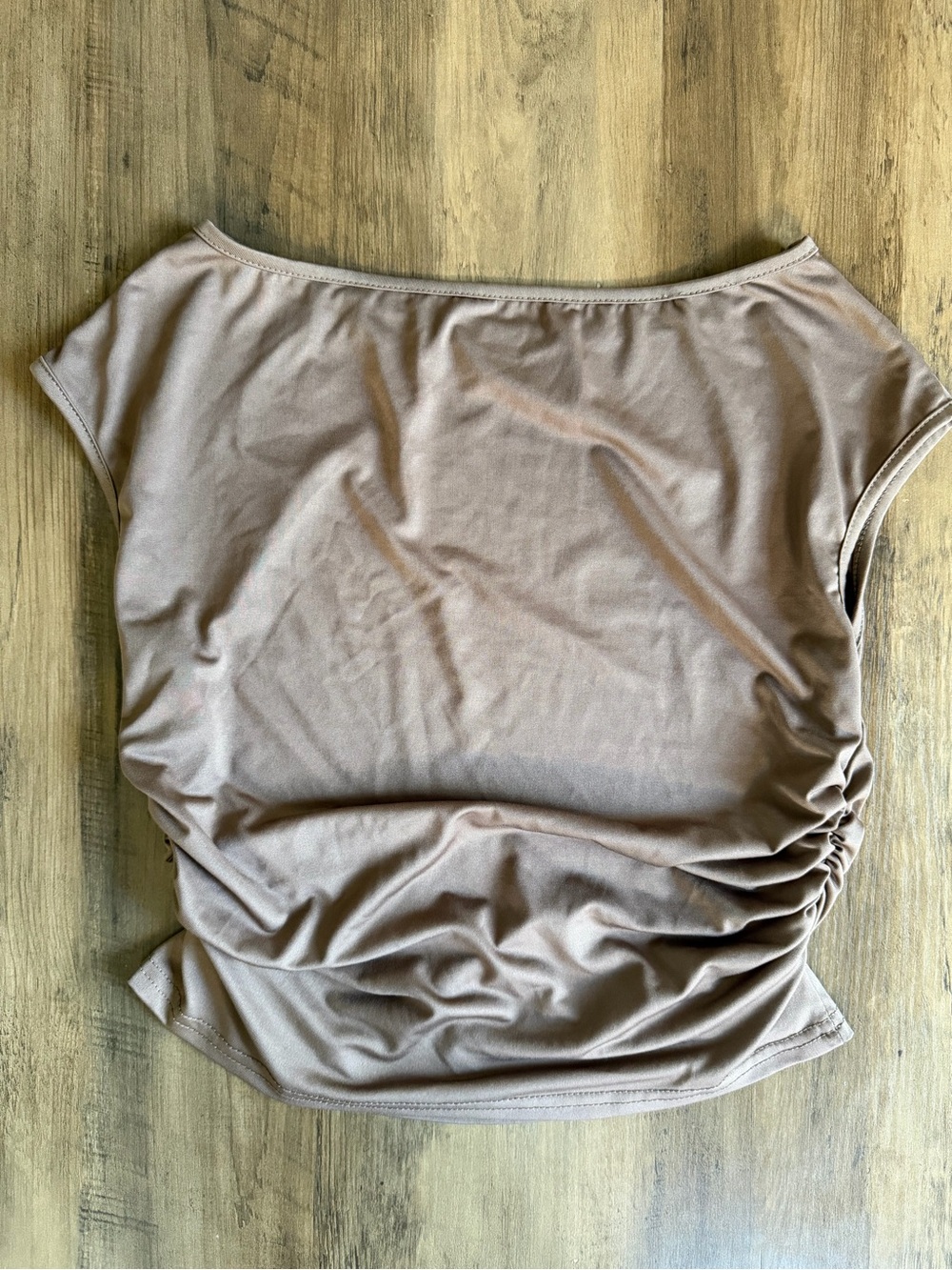 Brown Pleated Boat Neck Short Sleeve Top Large